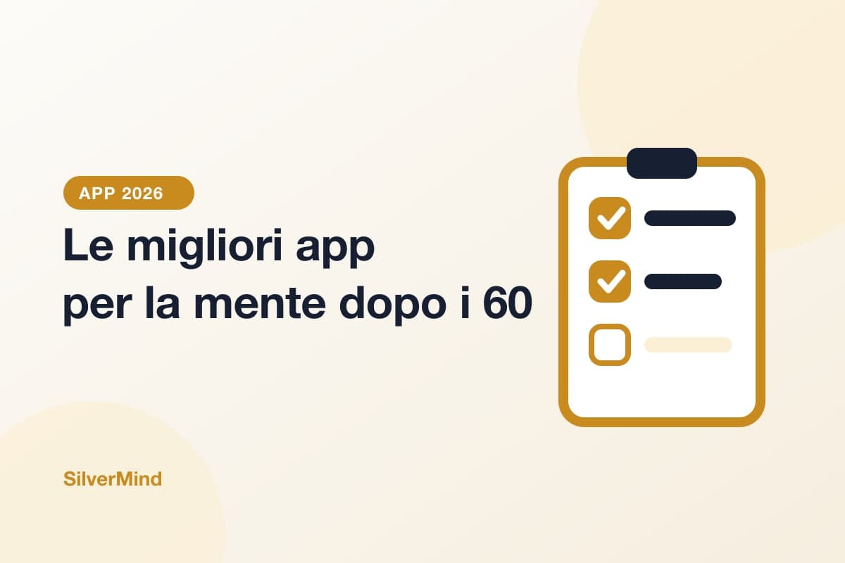 Illustrazione: una signora anziana con gli occhiali tiene un tablet con esercizi a caratteri grandi