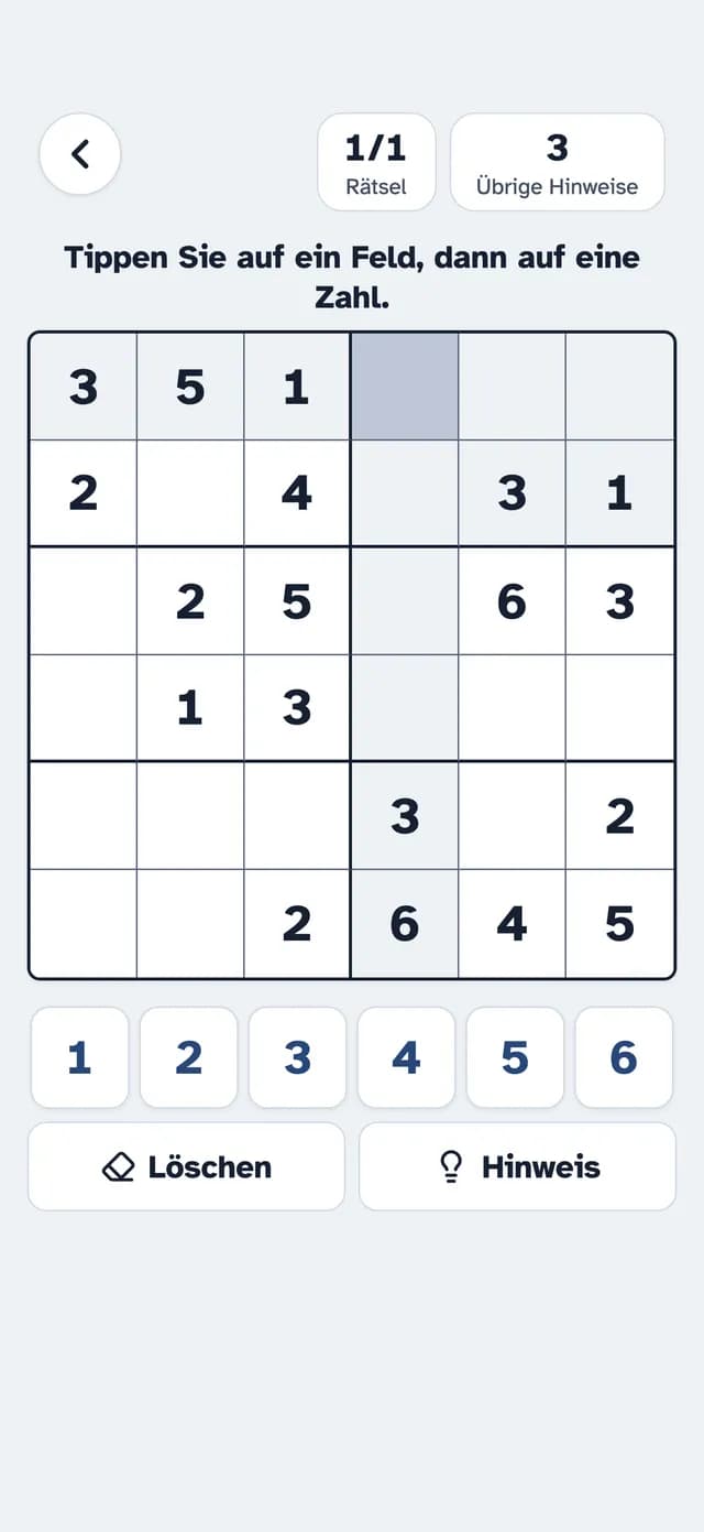 Mini-Sudoku in SilverMind mit großen Zahlen