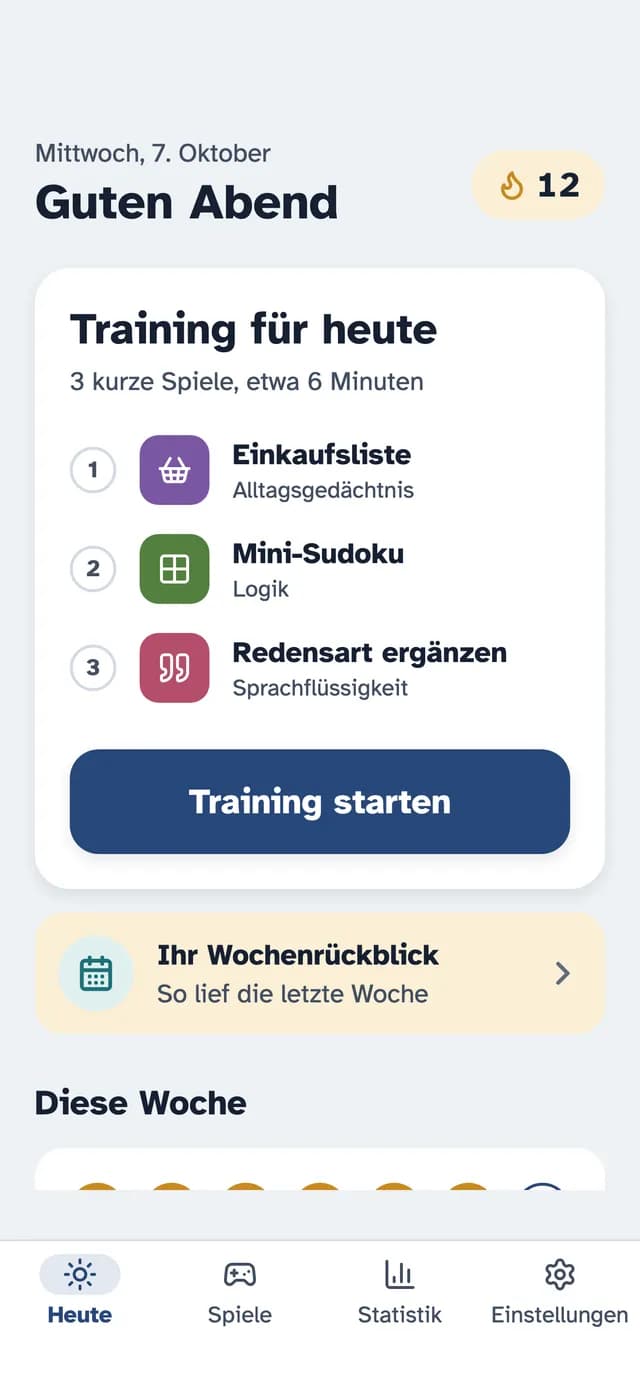 Die Heute-Ansicht von SilverMind mit einem Training aus drei Übungen