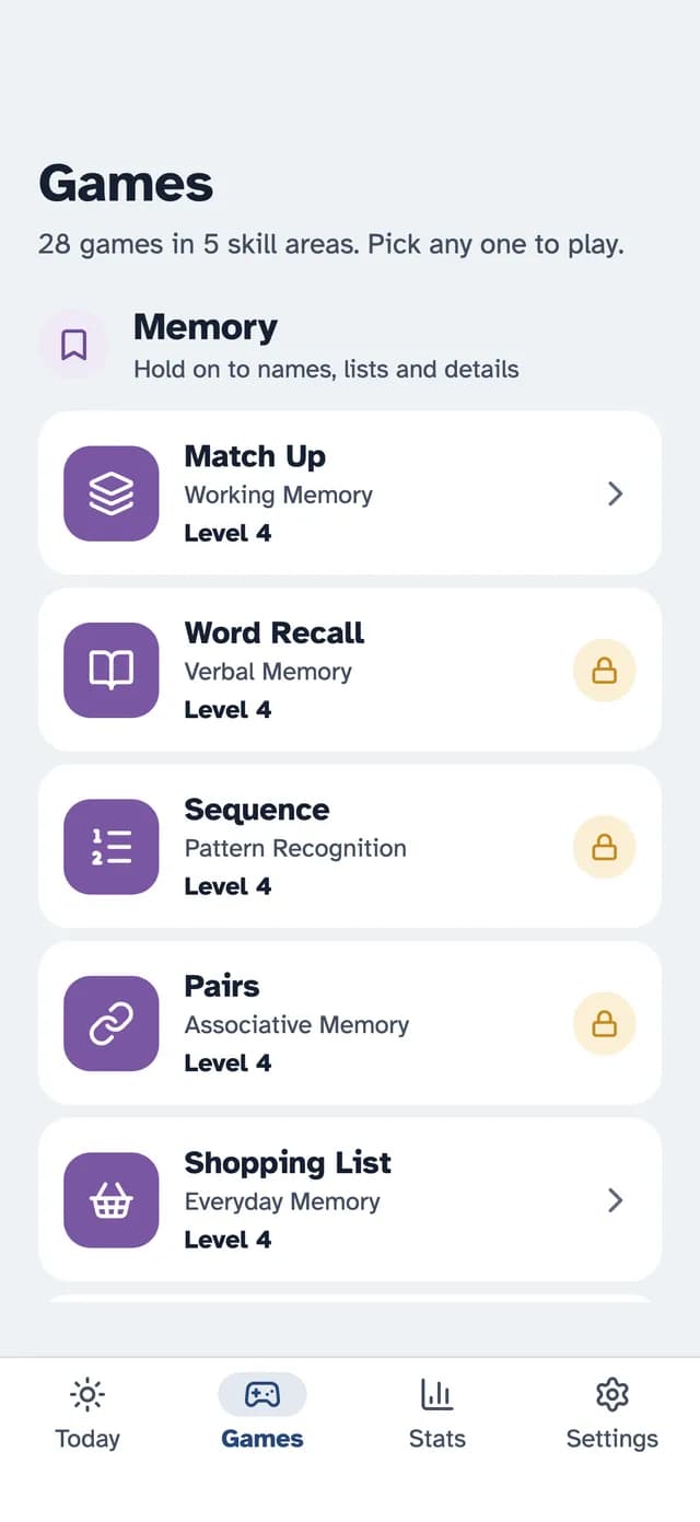 SilverMind game library on iPhone with games grouped by skill