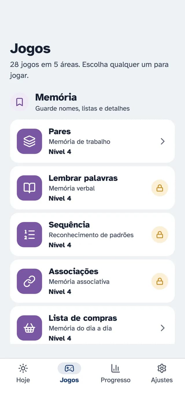 A biblioteca de jogos do SilverMind, agrupados por habilidade