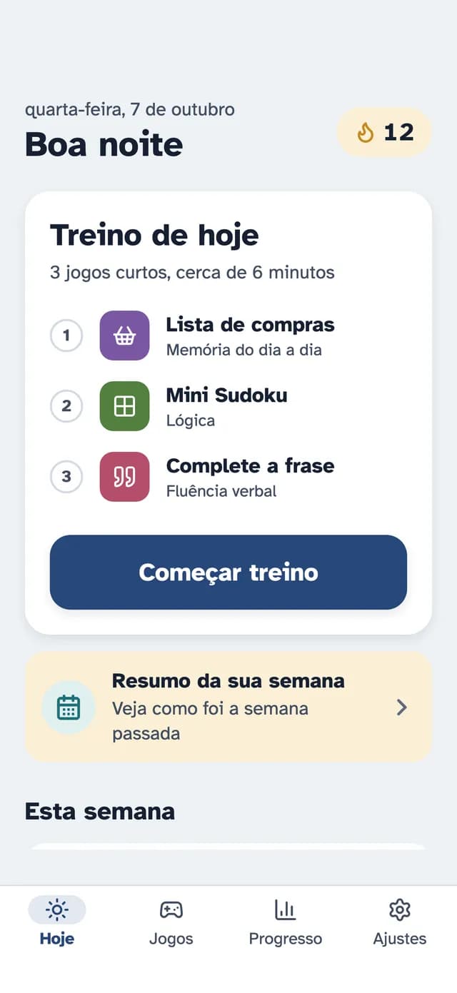 A tela Hoje do SilverMind com um treino de três exercícios
