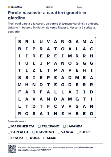 Prima pagina della scheda: Parole nascoste a caratteri grandi: in giardino