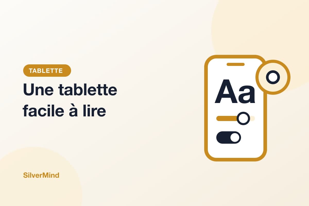 Illustration : une tablette posée sur un support, avec de grandes icônes et un réglage de taille du texte