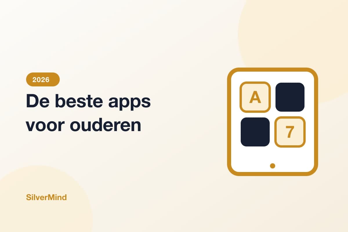 Illustratie: een tablet met grote oefenknoppen naast een leesbril en een kopje koffie