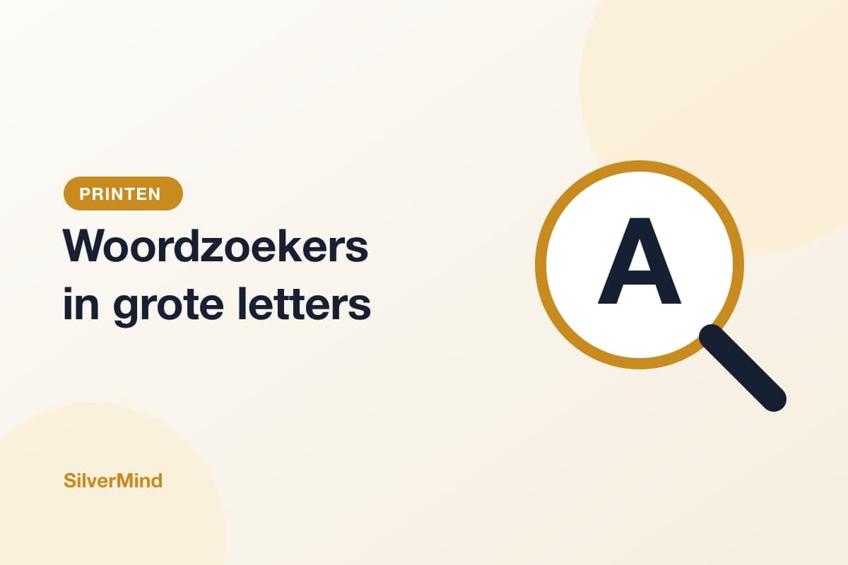 Illustratie: een woordzoeker met grote letters, een potlood en een leesbril