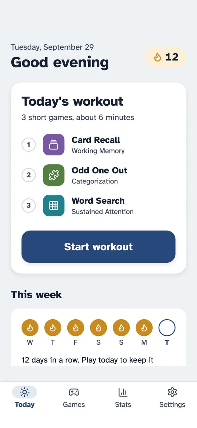 SilverMind Today screen on iPhone with a three-game workout
