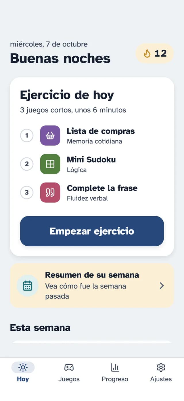 La pantalla Hoy de SilverMind con un entrenamiento de tres ejercicios