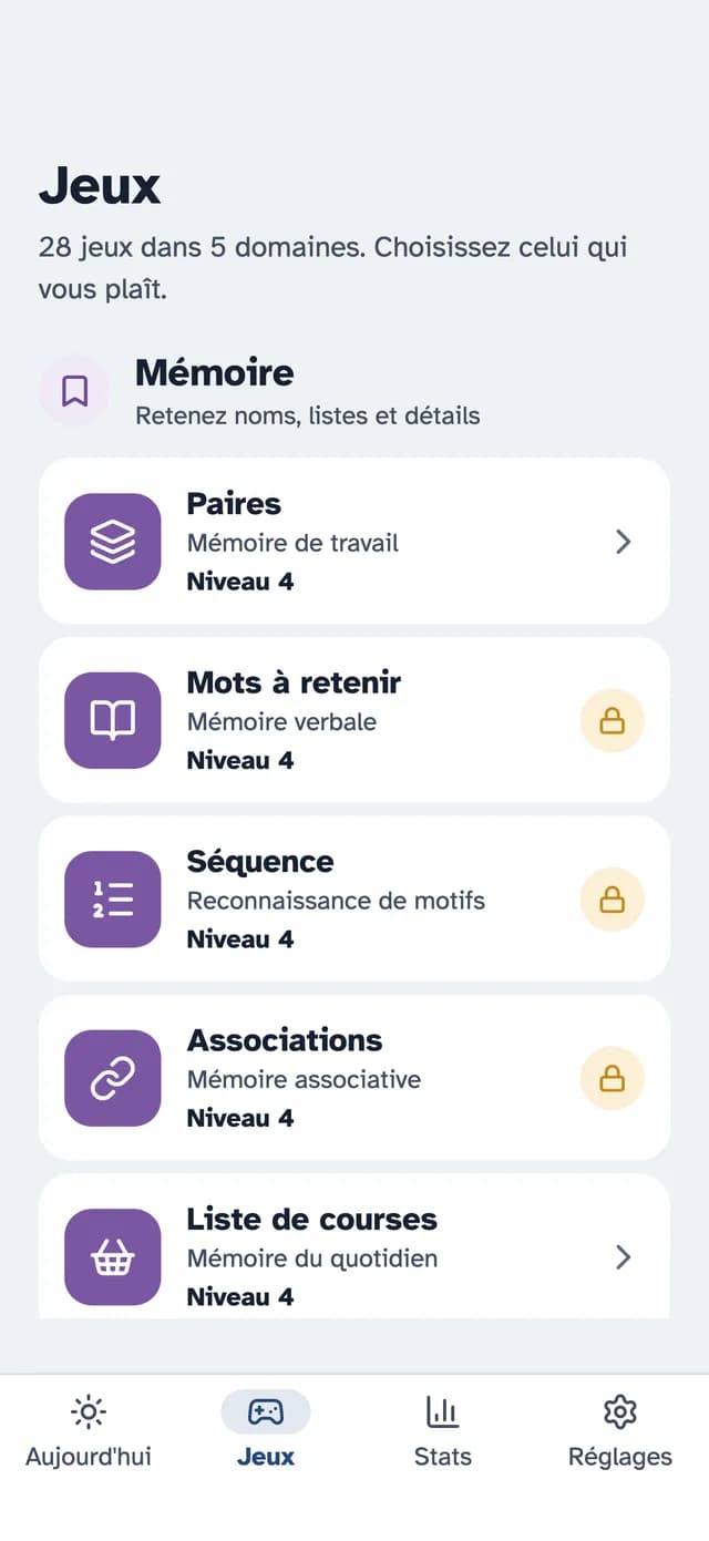 La bibliothèque de jeux de SilverMind, classés par compétence