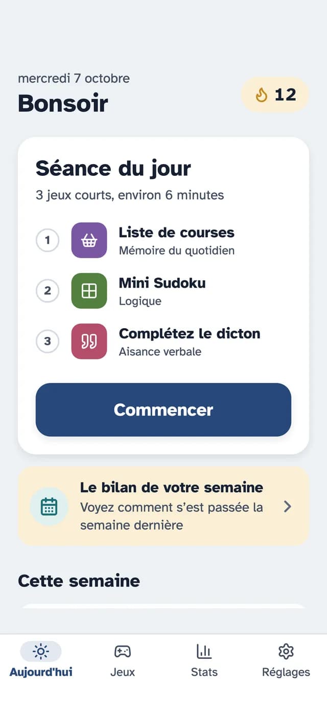 L'écran Aujourd'hui de SilverMind avec un entraînement de trois exercices