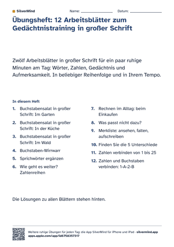 Erste Seite des Arbeitsblatts: Übungsheft: 12 Arbeitsblätter zum Gedächtnistraining in großer Schrift