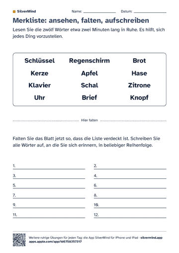 Erste Seite des Arbeitsblatts: Merkliste: ansehen, falten, aufschreiben