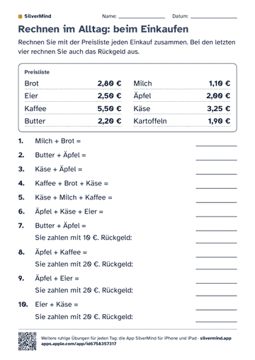Erste Seite des Arbeitsblatts: Rechnen im Alltag: beim Einkaufen
