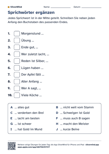 Erste Seite des Arbeitsblatts: Sprichwörter ergänzen