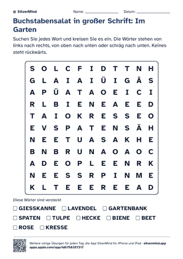 Erste Seite des Arbeitsblatts: Buchstabensalat in großer Schrift: Im Garten