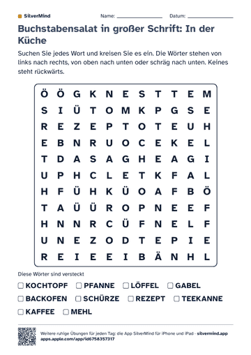 Erste Seite des Arbeitsblatts: Buchstabensalat in großer Schrift: In der Küche