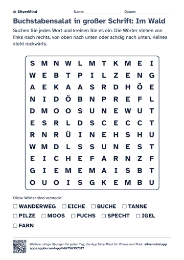 Erste Seite des Arbeitsblatts: Buchstabensalat in großer Schrift: Im Wald