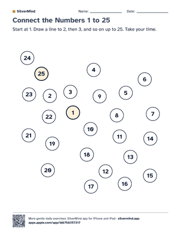 First page of the worksheet: Connect the Numbers 1 to 25