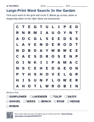 First page of the worksheet: Large-Print Word Search: In the Garden