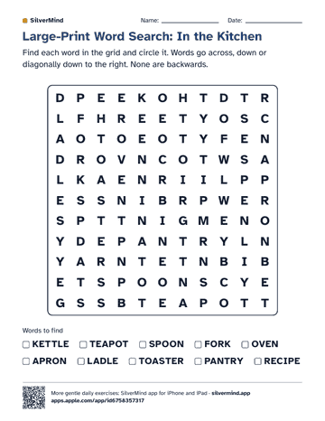 First page of the worksheet: Large-Print Word Search: In the Kitchen