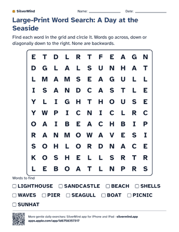 First page of the worksheet: Large-Print Word Search: A Day at the Seaside