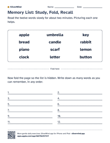 First page of the worksheet: Memory List: Study, Fold, Recall