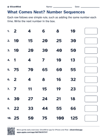 First page of the worksheet: What Comes Next? Number Sequences
