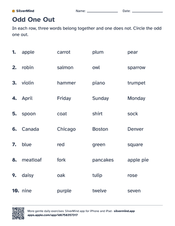 First page of the worksheet: Odd One Out