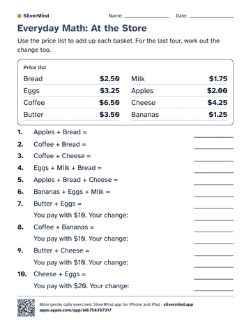 First page of the worksheet: Everyday Math: At the Store
