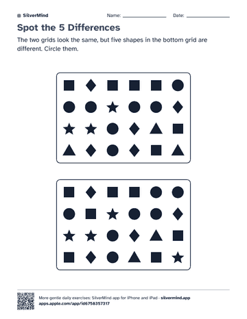 First page of the worksheet: Spot the 5 Differences