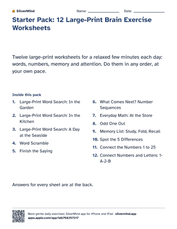 First page of the worksheet: Starter Pack: 12 Large-Print Brain Exercise Worksheets