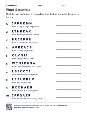First page of the worksheet: Word Scramble