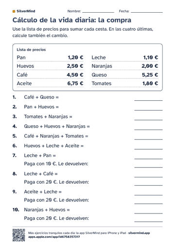 Primera página de la ficha: Cálculo de la vida diaria: la compra