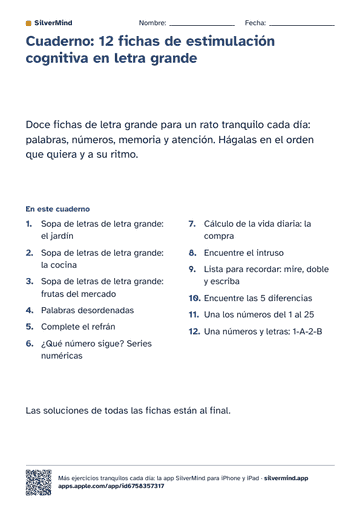 Primera página de la ficha: Cuaderno: 12 fichas de estimulación cognitiva en letra grande