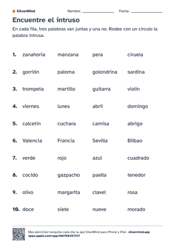 Primera página de la ficha: Encuentre el intruso