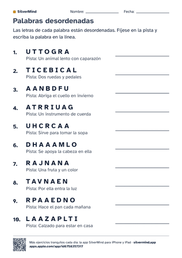Primera página de la ficha: Palabras desordenadas