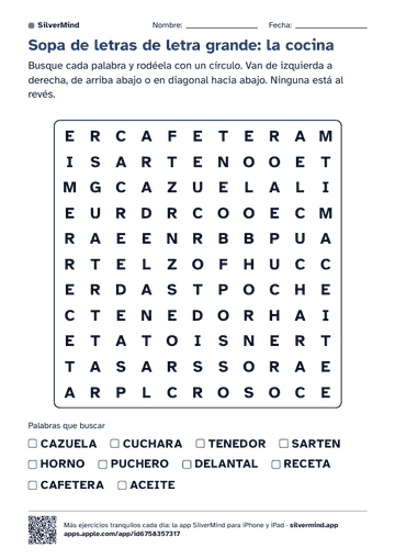 Primera página de la ficha: Sopa de letras de letra grande: la cocina
