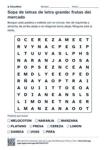 Primera página de la ficha: Sopa de letras de letra grande: frutas del mercado