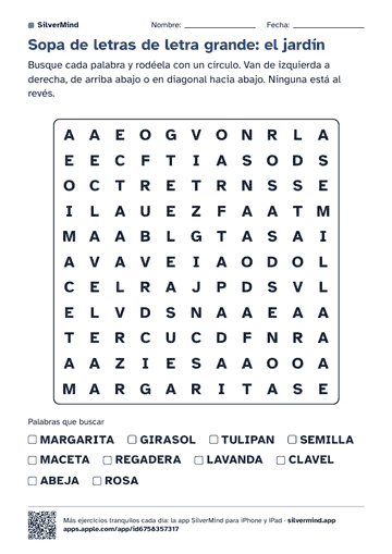 Primera página de la ficha: Sopa de letras de letra grande: el jardín