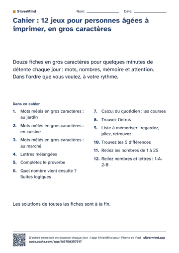 Première page de la fiche : Cahier : 12 jeux pour personnes âgées à imprimer, en gros caractères