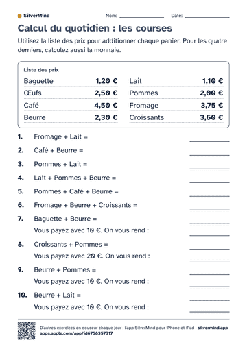 Première page de la fiche : Calcul du quotidien : les courses
