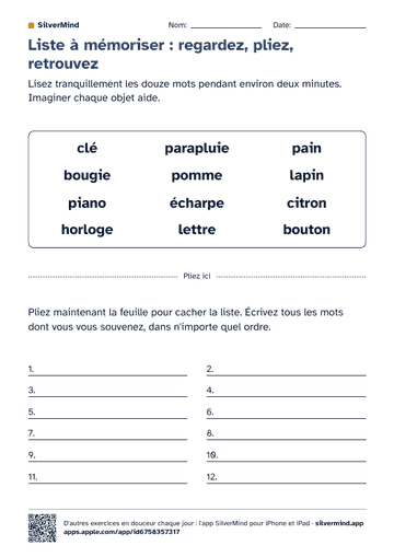 Première page de la fiche : Liste à mémoriser : regardez, pliez, retrouvez