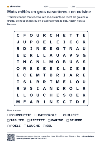 Première page de la fiche : Mots mêlés en gros caractères : en cuisine