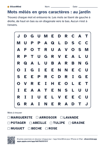 Première page de la fiche : Mots mêlés en gros caractères : au jardin