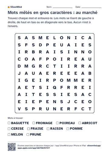 Première page de la fiche : Mots mêlés en gros caractères : au marché