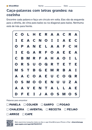 Primeira página da atividade: Caça-palavras com letras grandes: na cozinha