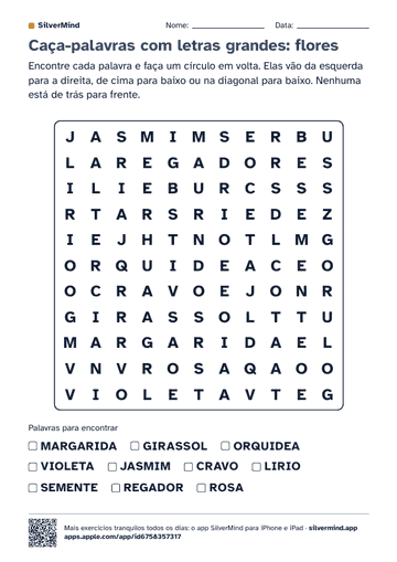 Primeira página da atividade: Caça-palavras com letras grandes: flores