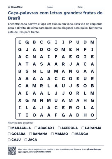Primeira página da atividade: Caça-palavras com letras grandes: frutas do Brasil