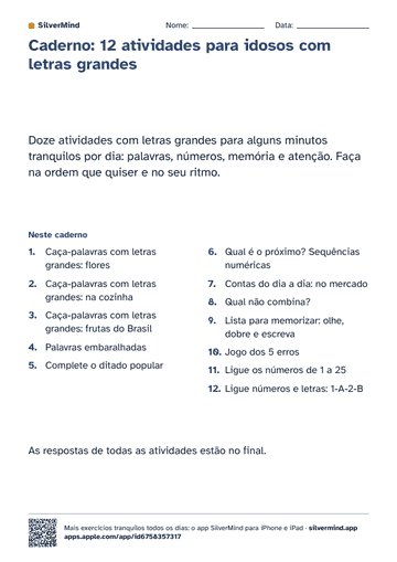 Primeira página da atividade: Caderno: 12 atividades para idosos com letras grandes