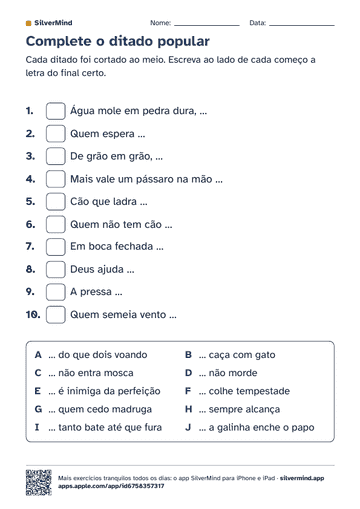Primeira página da atividade: Complete o ditado popular